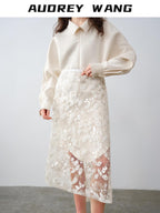 audreyyang Shimmering Sequin Lace Asymmetrical Mid Rise Tie Waist Women White Midi Skirts