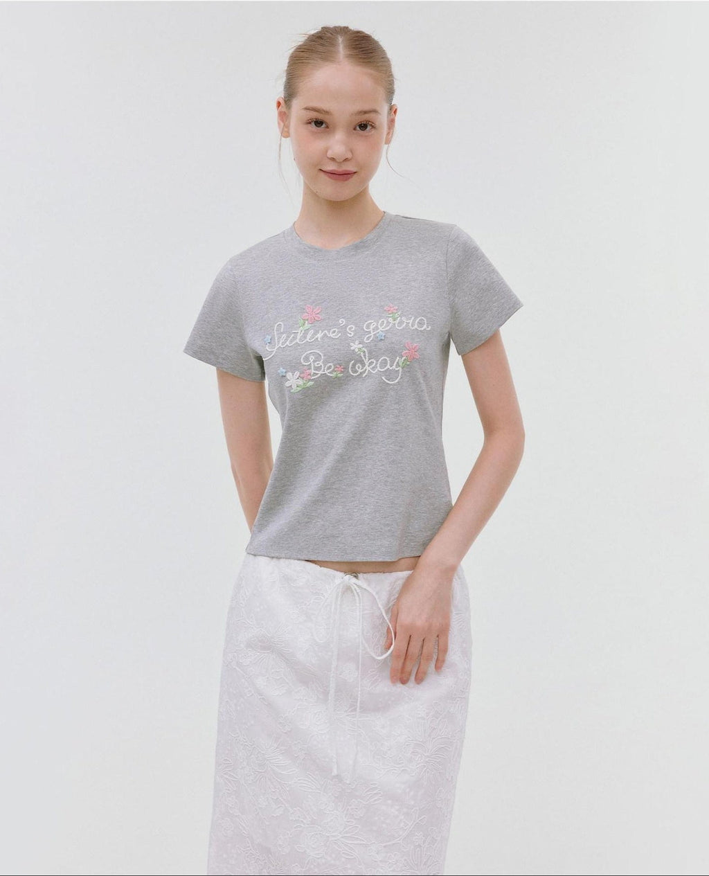 fano Floral Print Slim Fit Korean Workwear Round Neck Cotton Stretch Basic Crop Tops