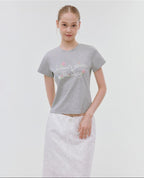 fano Floral Print Slim Fit Korean Workwear Round Neck Cotton Stretch Basic Crop Tops