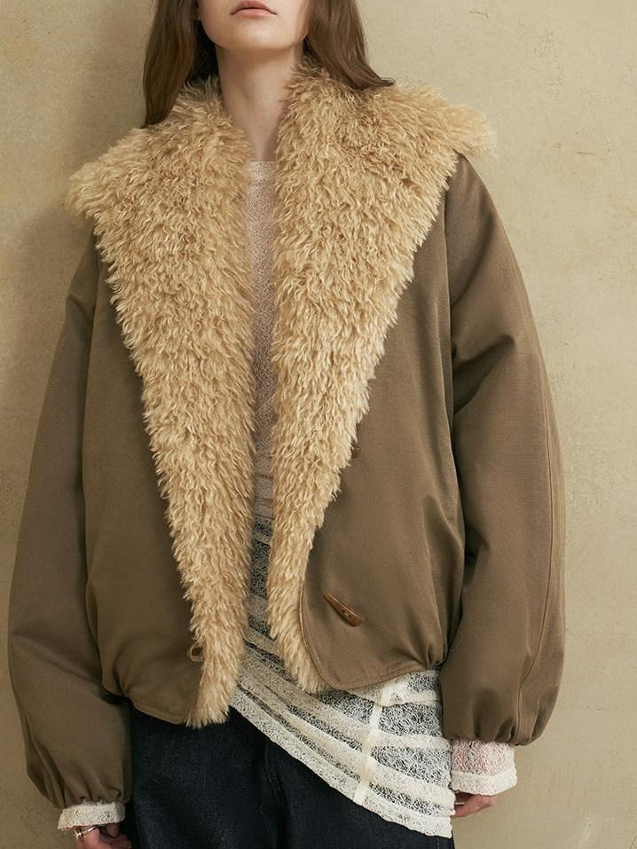 someonesometimes Cozy Commuter Cotton Blend Relaxed Short Collar Gray Brown Olive Puffer Jackets