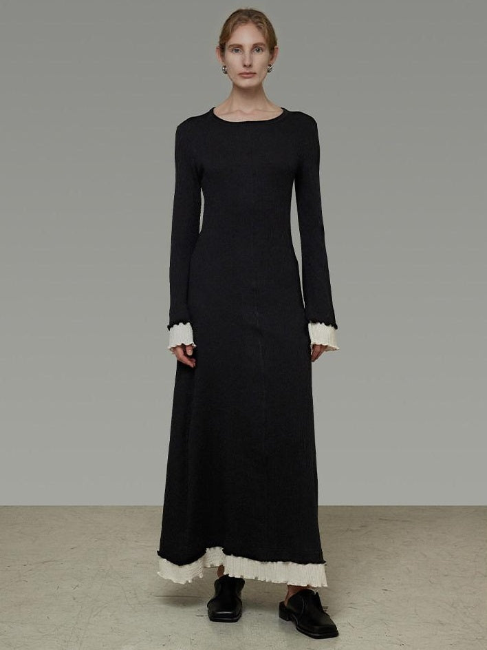 unspoken Slim Waist Colorblock Aline Knit Bell Sleeve Office Women Breathable Maxi Dresses