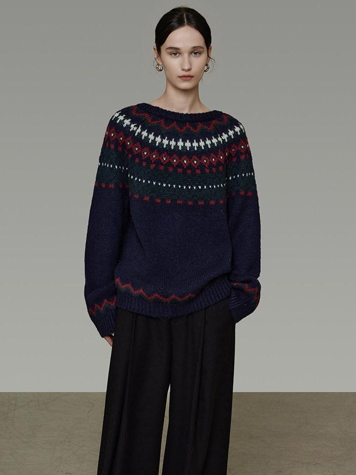 unspoken Warm Jacquard Colorblock Loose Commuter Crewneck Women Acrylic Blend Sweaters