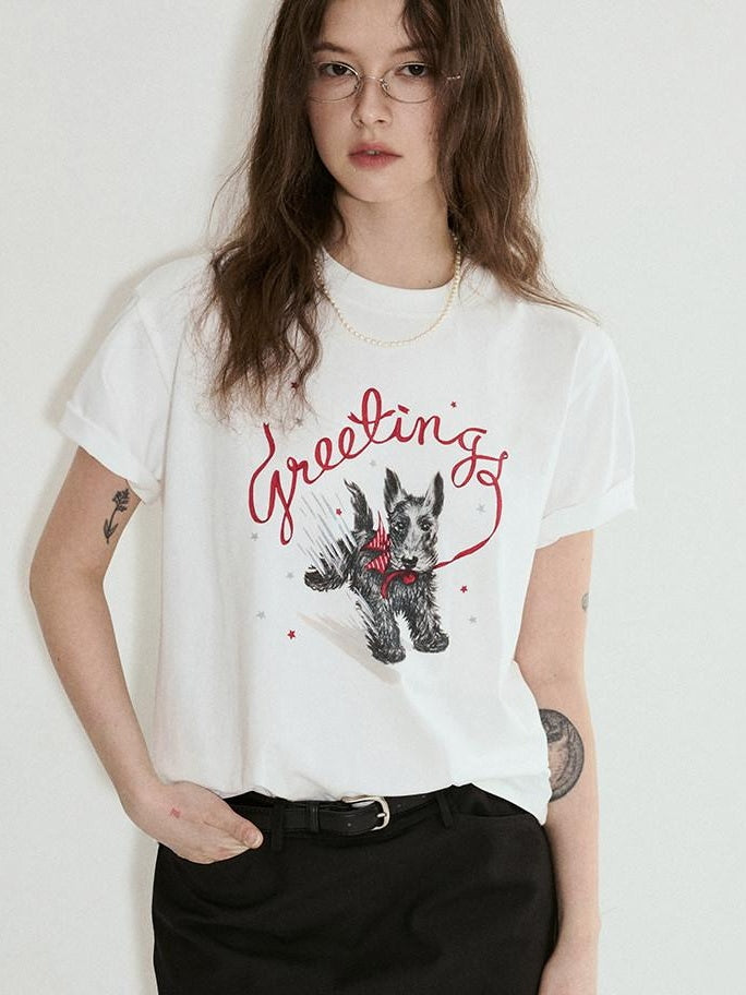 fano Cotton Blend Korean Loose Fit Crewneck Women White Printed Short Sleeve T-Shirts