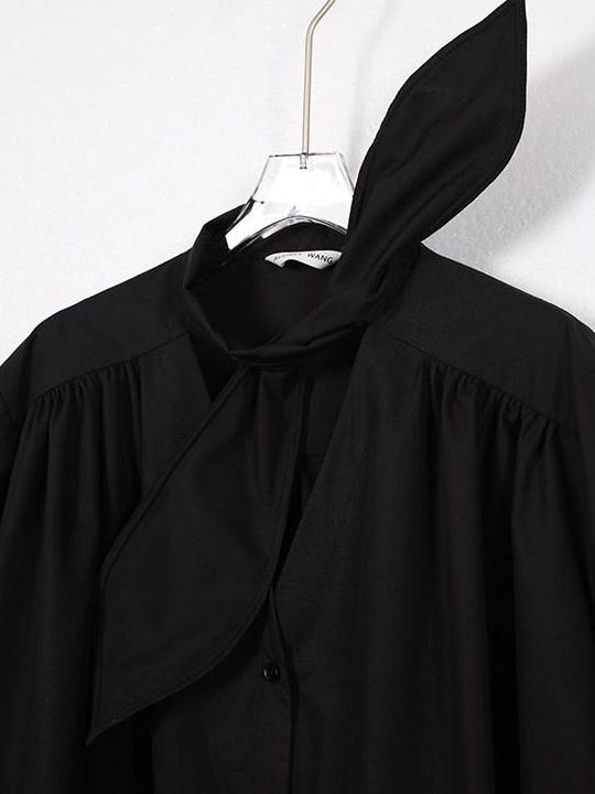 audreyyang Slimming Pleated Loose Longline Button Front Long Sleeve Women Blouses