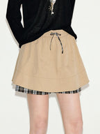 fano Khaki Drawstring A Line Mid Waist Casual Cotton Blend Women Mini Skirts