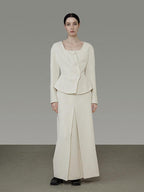 unspoken Slim Office Button Front Long Sleeve Cream Polyester Women Top & Skirt Sets