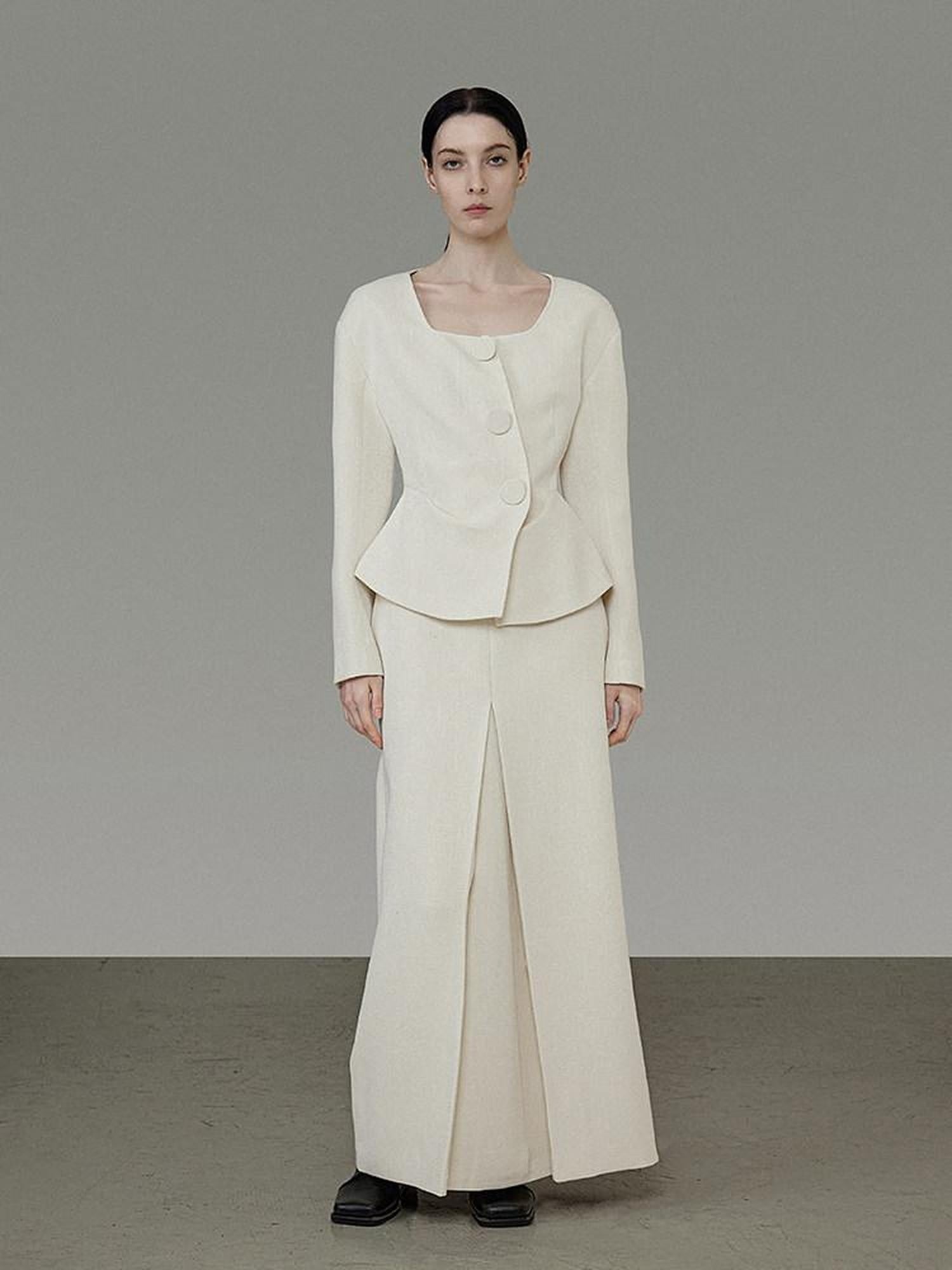 unspoken Slim Office Button Front Long Sleeve Cream Polyester Women Top & Skirt Sets