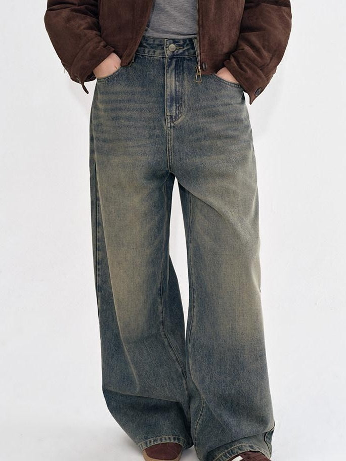 fano Breathable Cotton Distressed Natural Waist Loose Fit Blue Wide Leg Jeans