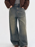 fano Breathable Cotton Distressed Natural Waist Loose Fit Blue Wide Leg Jeans