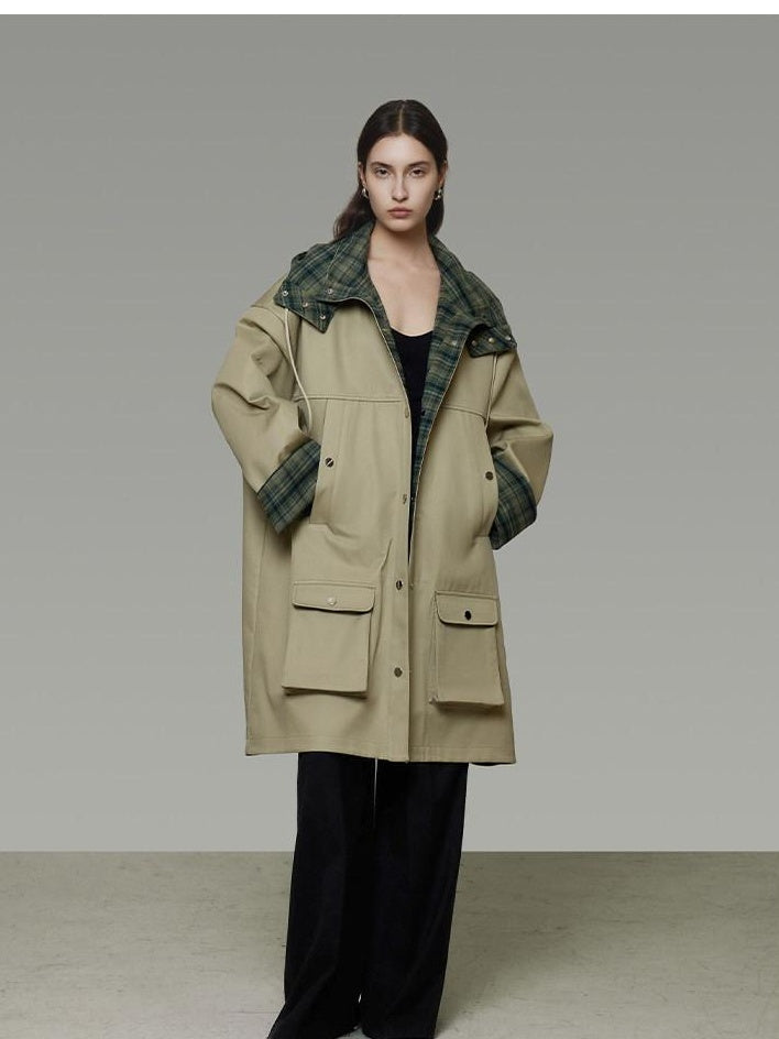 unspoken Breathable Pure Cotton Minimalist Loose Midlength Women Plaid Khaki Trench Coats