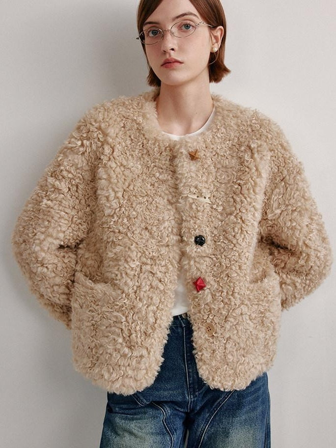 fano Faux Fur Straight Cut Minimal Workwear Women Gray Khaki Short Coat