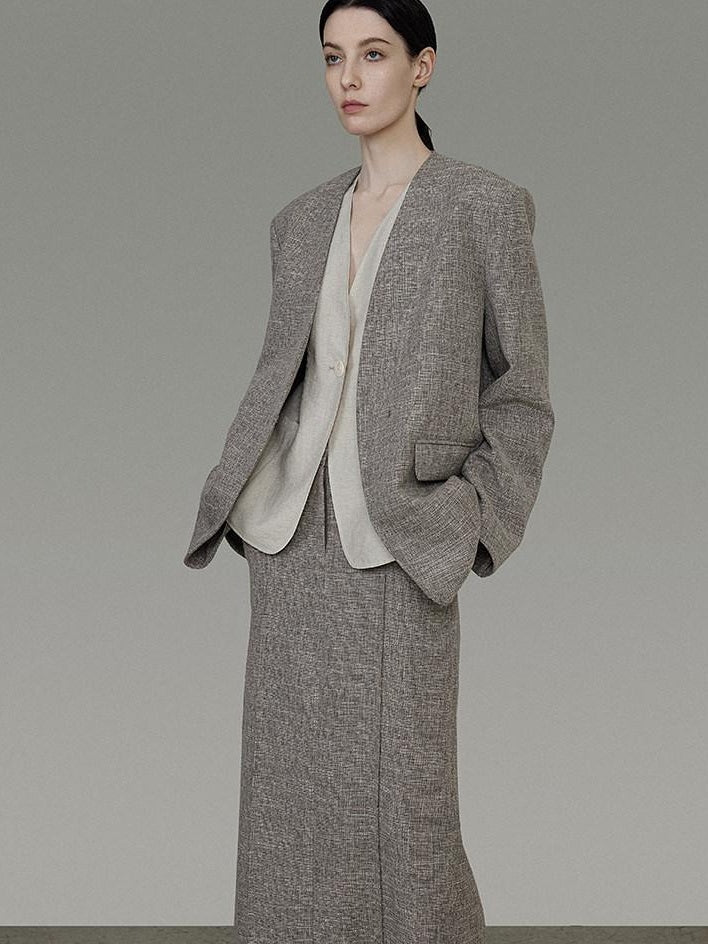 unspoken Minimalist Heather Gray Loose Fit Longsleeve Office Polyester Top & Skirt Sets