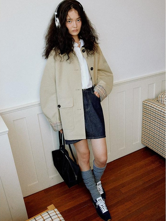 fano Patchwork Plaid Oversized Street Mid Length Cotton Blend Women Trench Coats