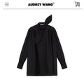 audreyyang Slimming Pleated Oversized Longline Button Long Sleeve Women Poly Cotton Blouses