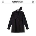 audreyyang Slimming Pleated Oversized Longline Button Long Sleeve Women Poly Cotton Blouses