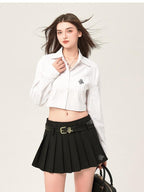 ikyou Embroidered Square Neck Long Sleeve Straight Minimal Poly Cotton Basic Crop Tops