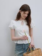 Lofi choose Puff Sleeve Tie Neck Loose Fit Office Workwear Short Sleeve White Pink Blouses