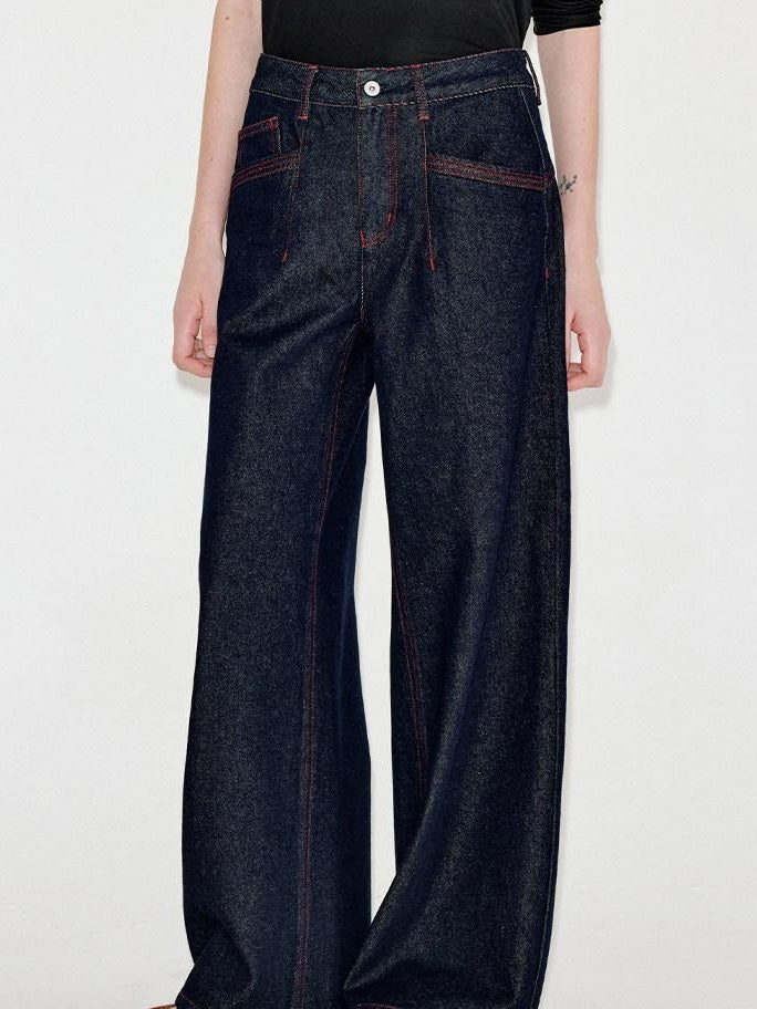 fano Comfortable Cotton Vintage Relaxed Natural Waist Women Raw Denim Wide Leg Jeans