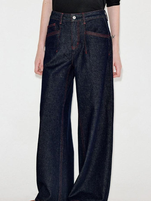 fano Comfortable Cotton Vintage Relaxed Natural Waist Women Raw Denim Wide Leg Jeans