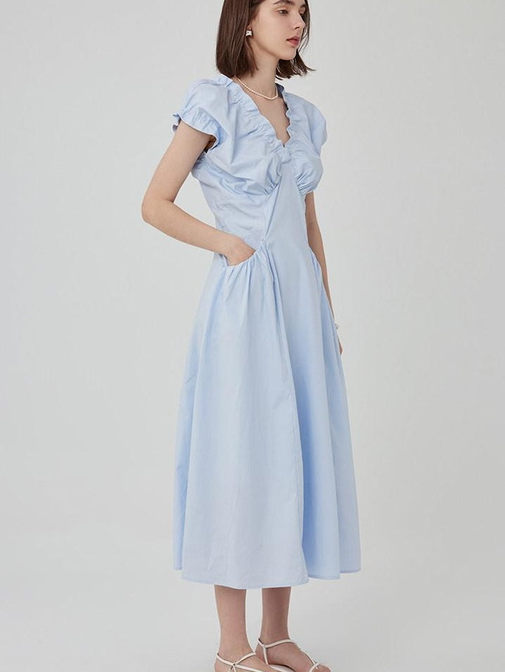 fano Pleated High Waist A Line V-neck Flutter Sleeves 100% Cotton Casual Maxi Dresses