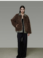 unspoken Warm Patchwork Lapel Loose Fit Minimalist Women Chestnut Short Coat