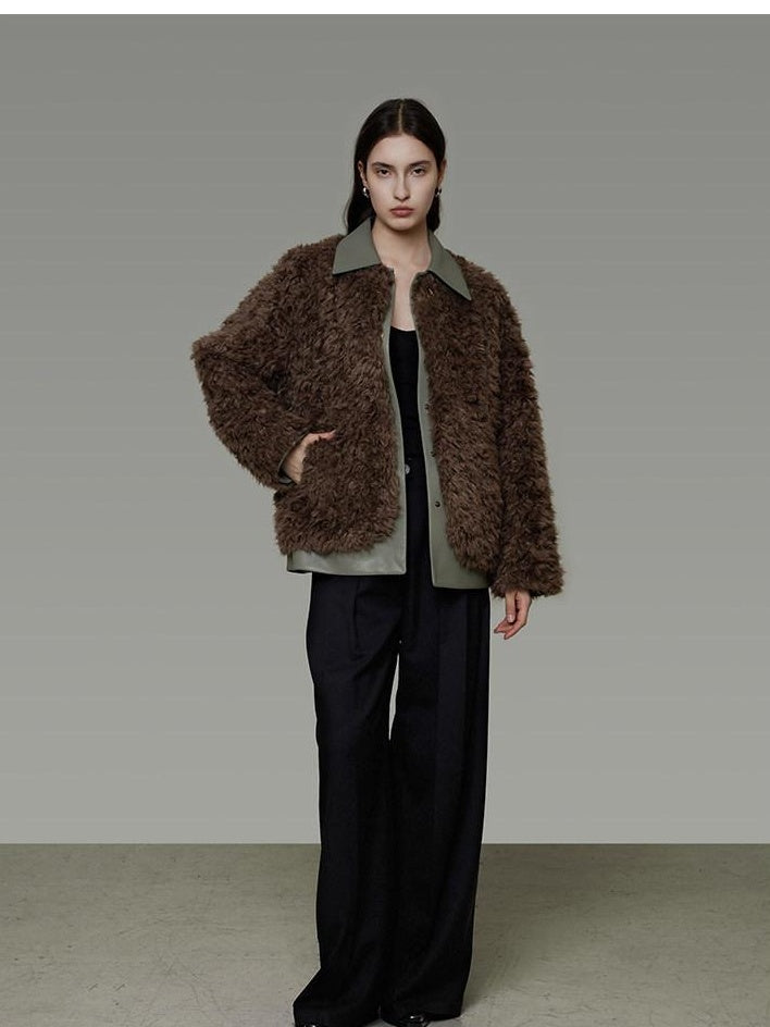 unspoken Warm Patchwork Lapel Loose Fit Minimalist Women Chestnut Short Coat