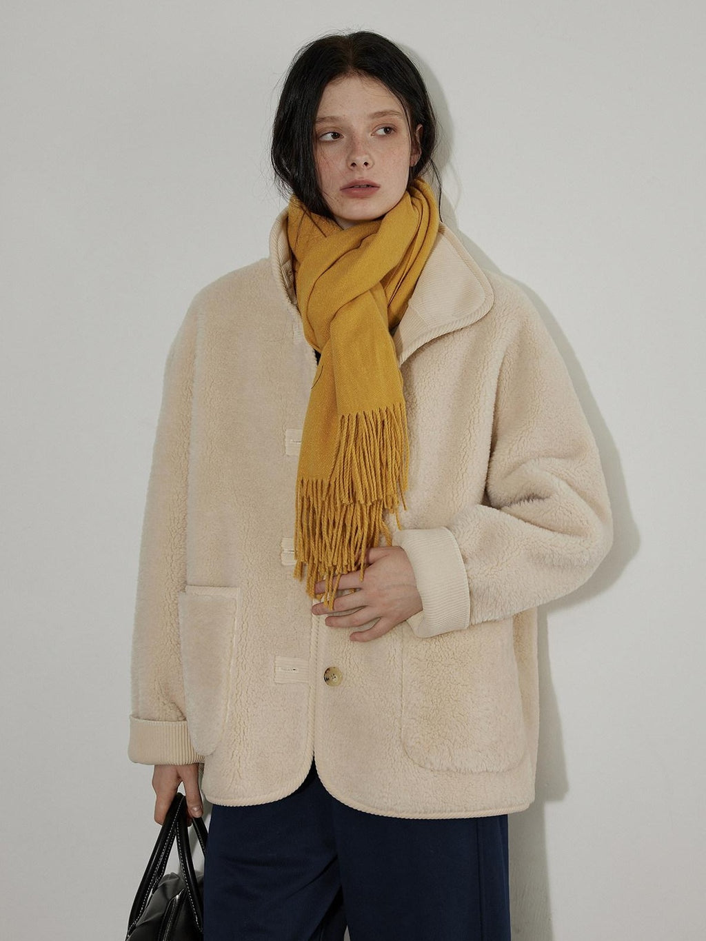 Lofi choose Thick Fleece Lined Warm Loose Fit Commuter Coat For Women Ivory Long Coats