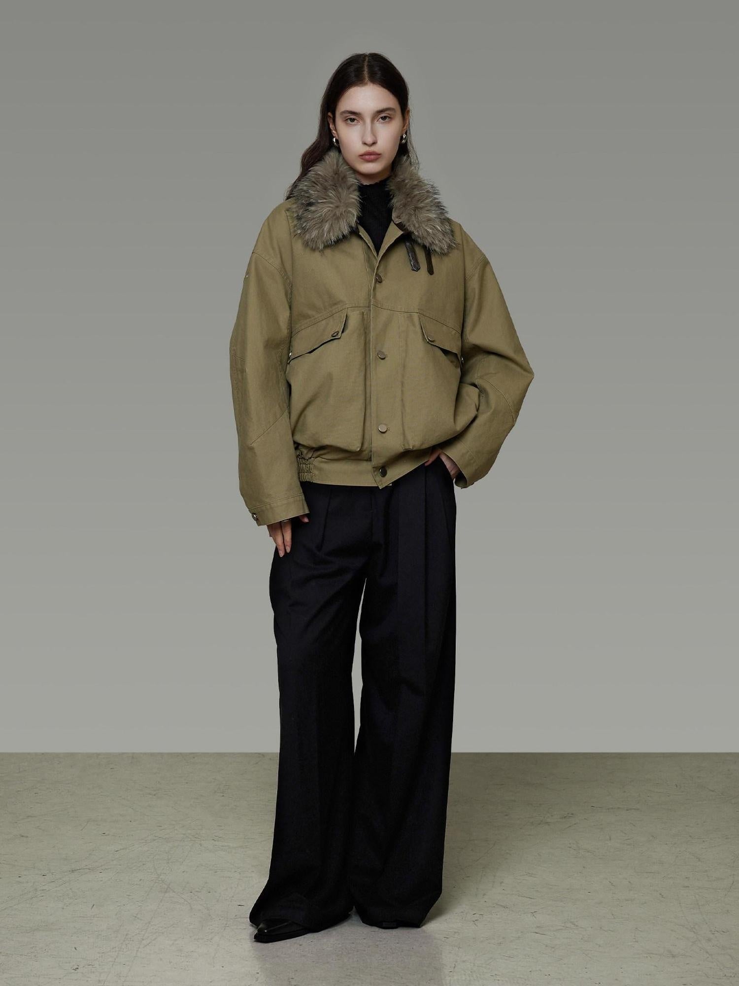 unspoken Thick Fleece Lined Fur Collar Loose Minimal Commuter Women Sage Puffer Jackets