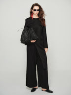 audreyyang Elegant Slim Waist Poly Blend Round Neck Midlength Pullover Black Long Coats