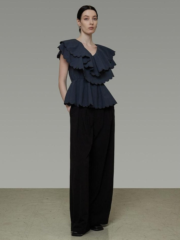 unspoken Breathable Cotton Blend Ruffle Collar Loose Minimal Commuter Women Blouses