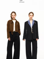 ikyou High Waist Straight Zipper Cotton Blend Commuter Black Wide Leg Pants