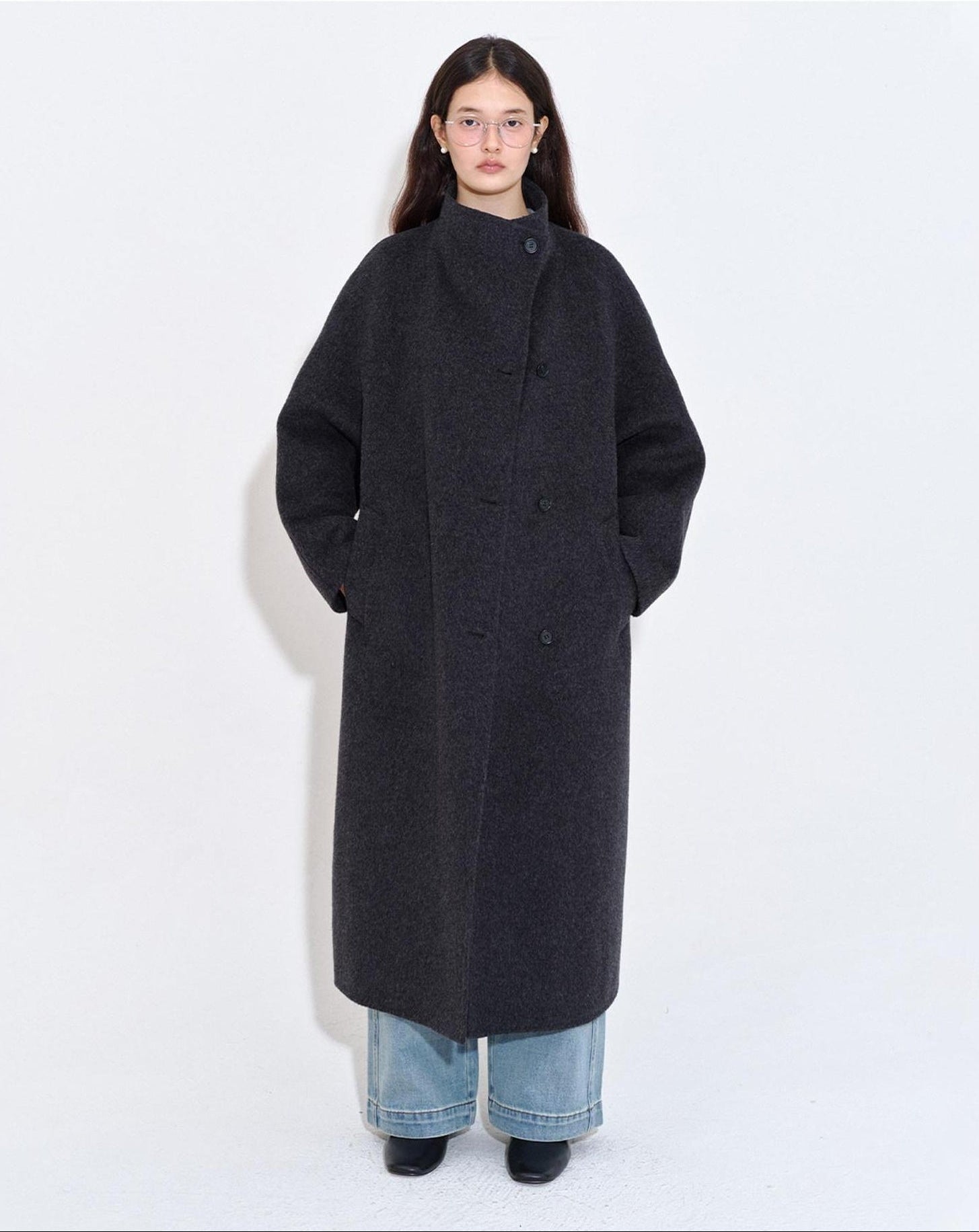 fano Pure Wool Single Breasted Lapel Midlength Straight Korean Women Gray Wool Coats