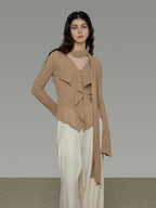 unspoken Slim Ruffle V-neck Bell Sleeve Knit Pullover Women Ginger Yellow Blouses