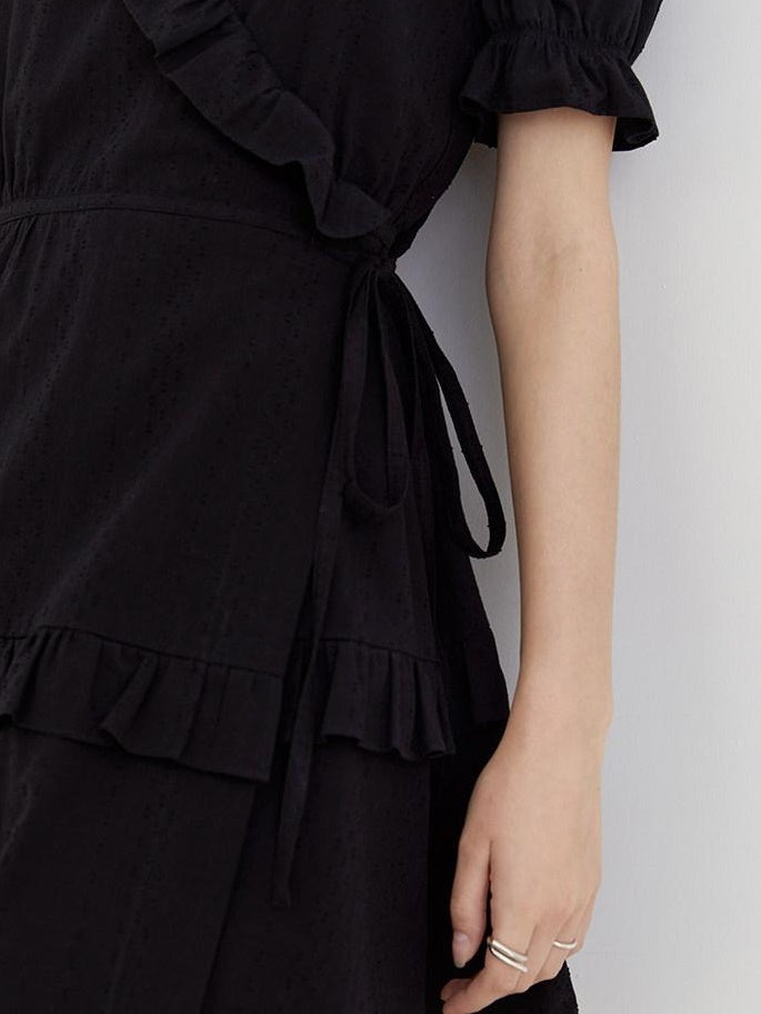 fano High Waist Tie A Line Cotton V-neck Puff Sleeves Casual Work Women Midi Dresses