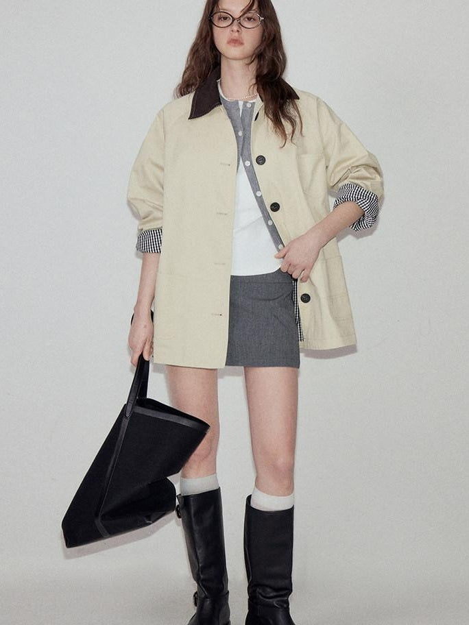 fano Cotton Lined Single Breasted Korean Commuter Short Women Beige Trench Coats