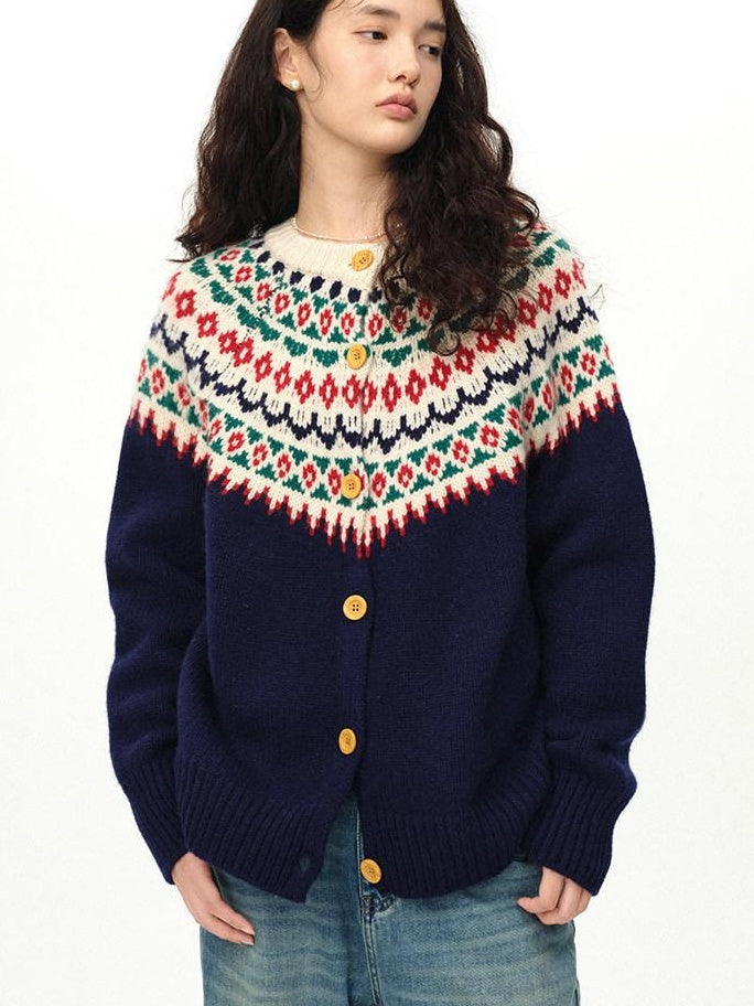 fano 100 Percent Wool Loose Fit Button Front Commuter Crew Neck Knit Cardigans