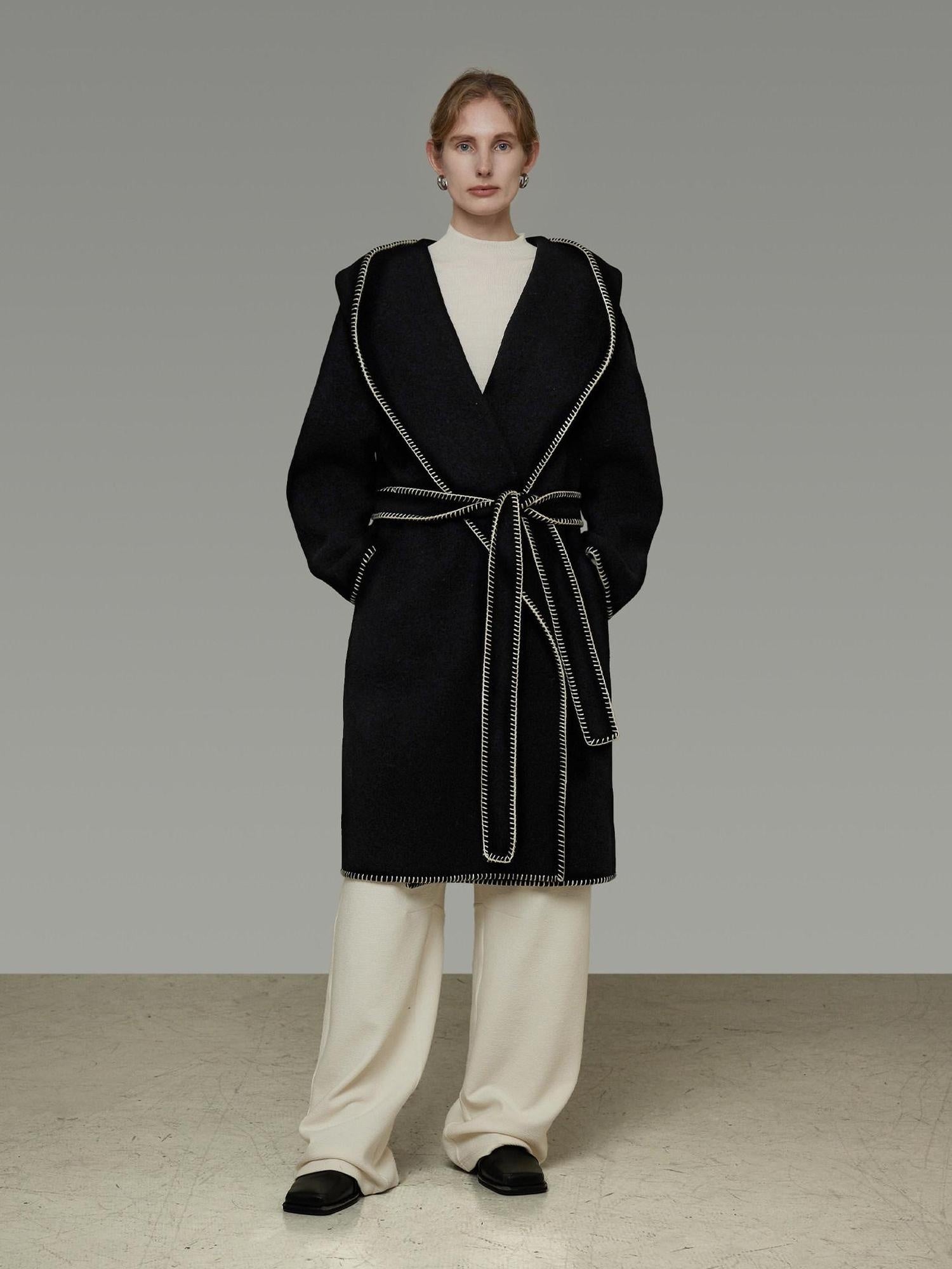 unspoken Cozy Minimalist Commuter Loose Hooded Midlength Women Black Tie Wool Coats