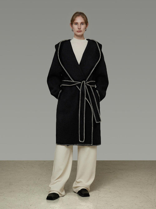 unspoken Cozy Minimalist Commuter Loose Hooded Midlength Women Black Tie Wool Coats