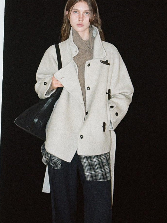 fano Wool Blend Korean Commuter Relaxed Fit Notched Collar Light Grey Short Coat