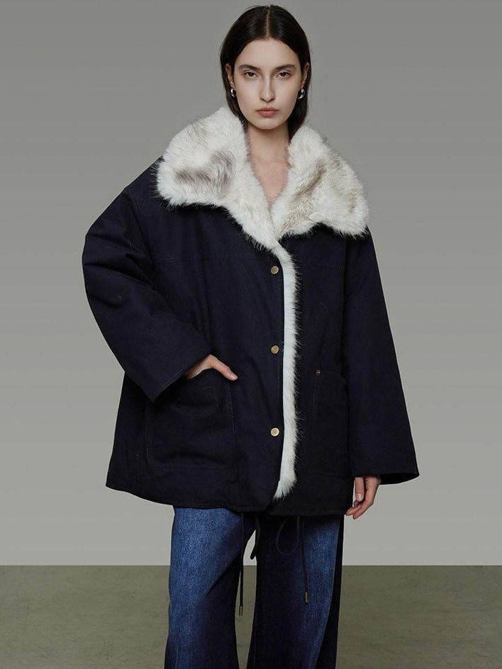 unspoken Fur Lined Thick Minimal Commuter Loose 3D Tailored Cotton Navy Puffer Jackets