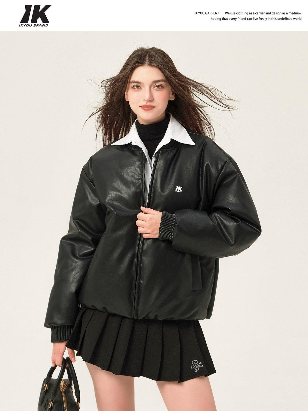 ikyou Thick Pu Minimal Commuter Straight Fit Stand Collar Black Leather Jackets