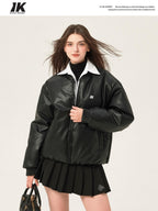 ikyou Thick Pu Minimal Commuter Straight Fit Stand Collar Black Leather Jackets