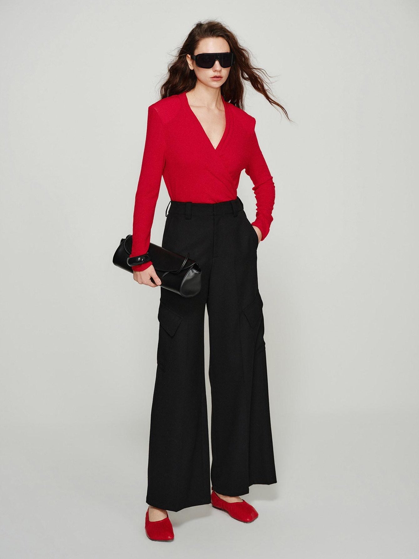 audreyyang Lyocell Wool Stretch Knit Slim Fit V-neck Womens Red Long Sleeve T-Shirts