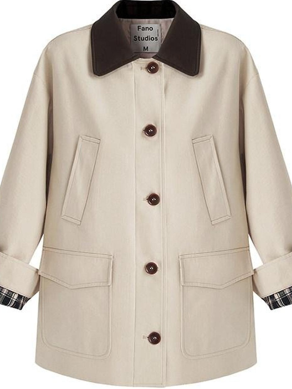 fano Patchwork Loose Fit Korean Casual 100 Percent Cotton Green Khaki Short Coat