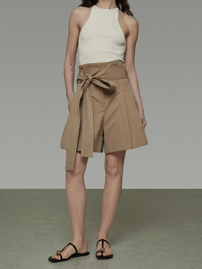 unspoken High Waist Drawstring Minimalist Workwear Cotton Blend Khaki Mid-Length Shorts