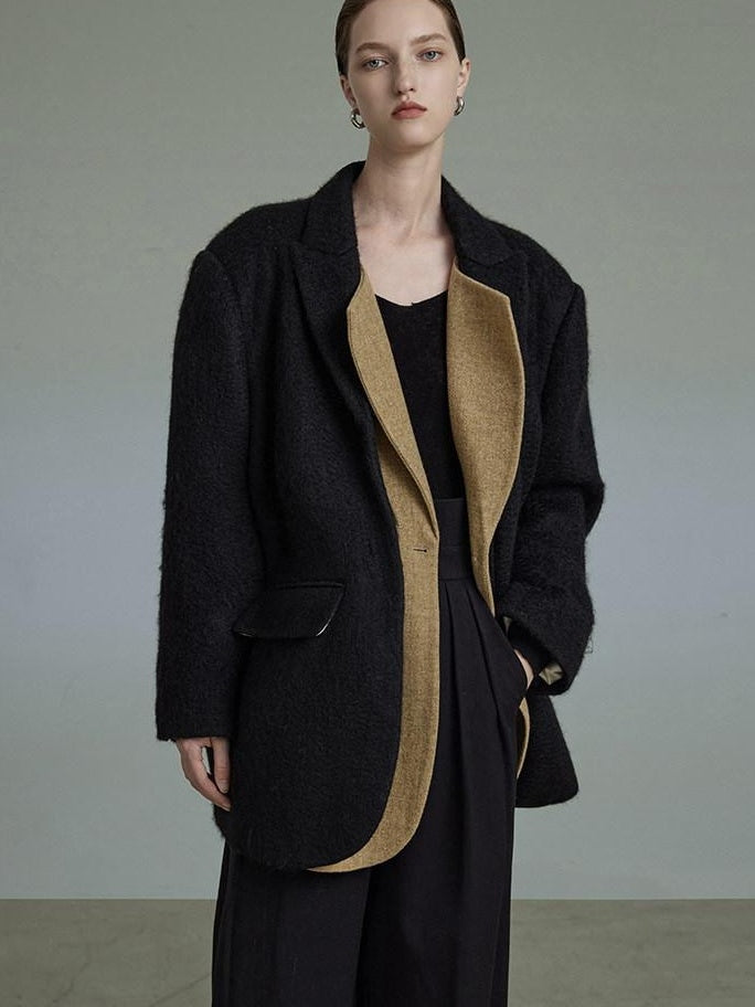 unspoken Original Thick Loose Fit Single Breasted Commuter Women Mustard Black Blazers
