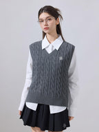 ikyou Lightweight Embroidered V-neck Cropped Preppy Girls Cotton Grey Sweaters