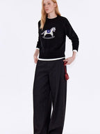 fano Cozy Acrylic Wool Blend Loose Pullover Crewneck Cute Animal Black Sweaters