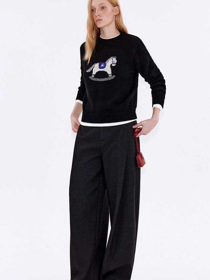 fano Cozy Acrylic Wool Blend Loose Pullover Crewneck Cute Animal Black Sweaters