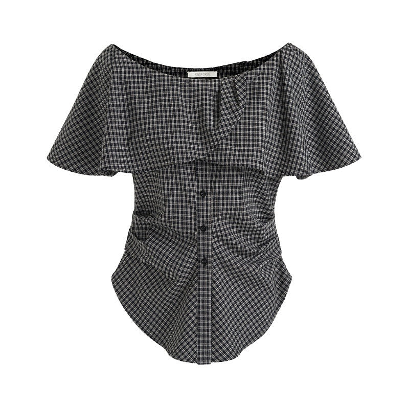 unspoken_Breathable_Minimal_Loose_Ruffle_Boatneck_Women_Plaid_Button_Short_Sleeve_Blouses_MISSTT